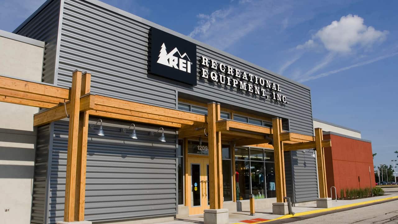 rei sports store outside to annouce their anniversary sale
