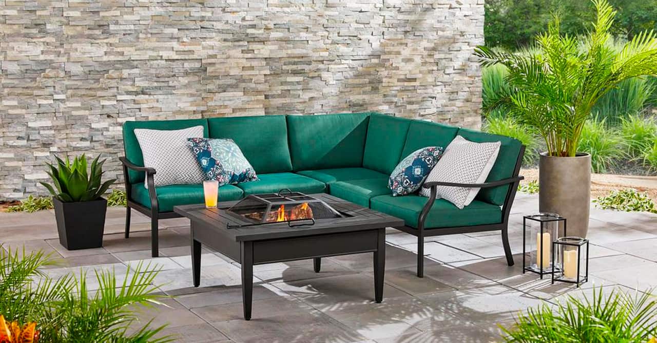 5 inbody Riley 3-Piece Black Steel Outdoor Patio Sectional Sofa with Standard Charleston Blue-Green Cushions_