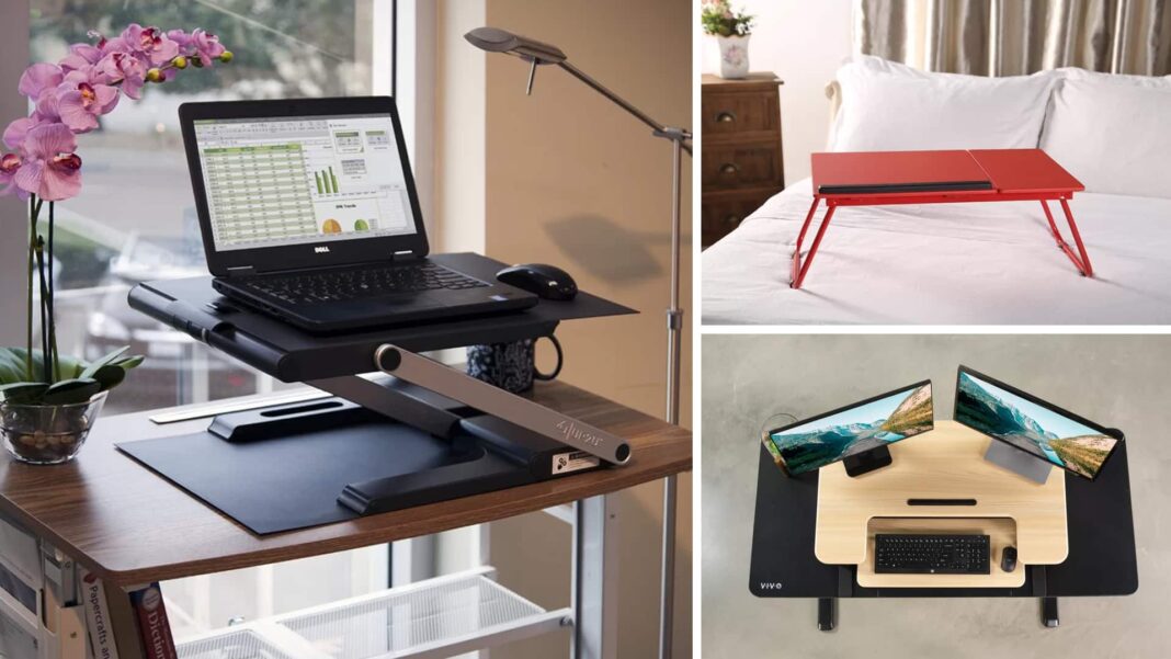 hero stand up folding desks with items on them