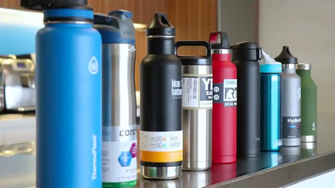 10 insulated water bottles lined up