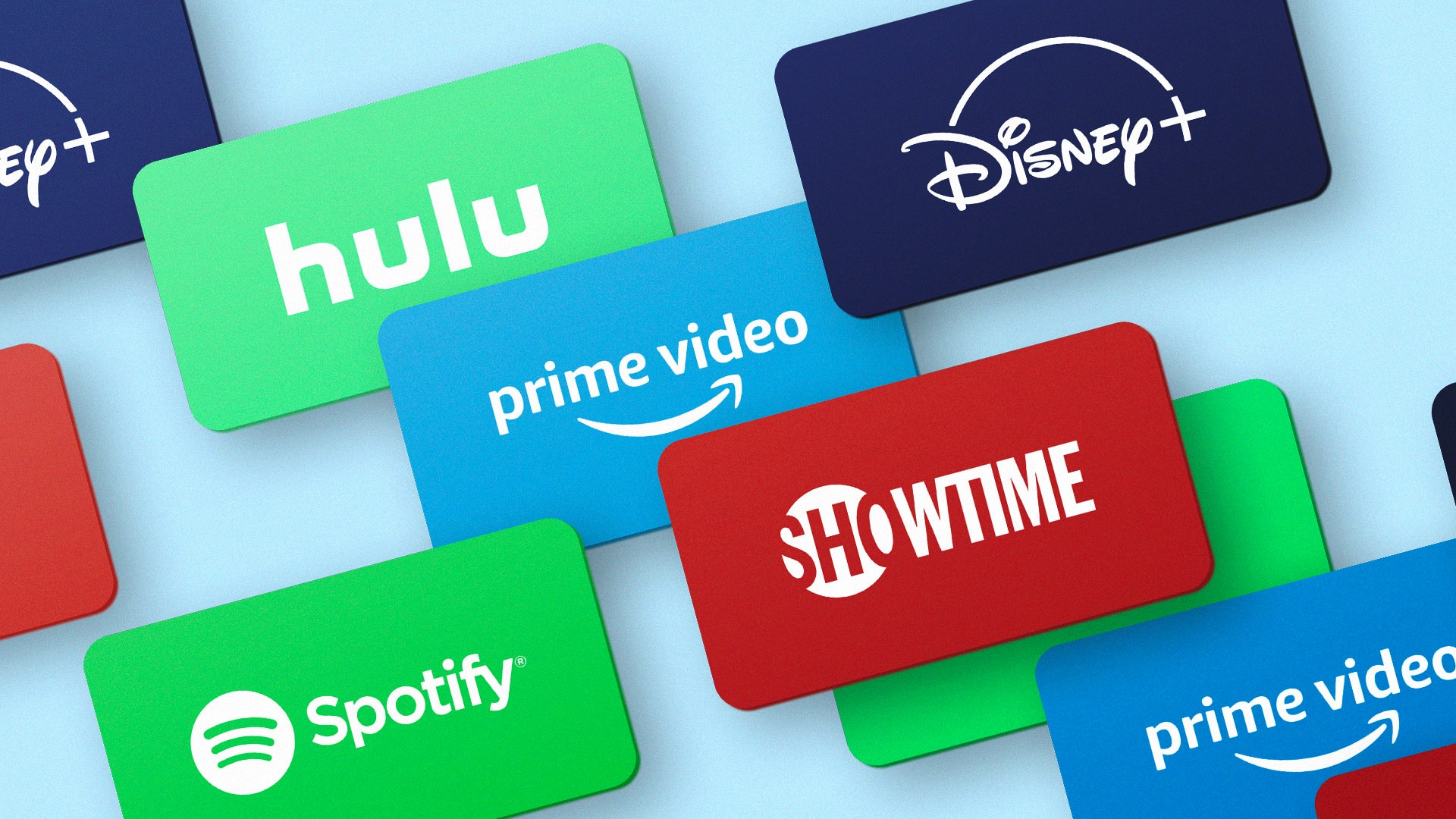 Hulu Spotify Showtime Disney Plus Prime Video Logos на синем фоне
