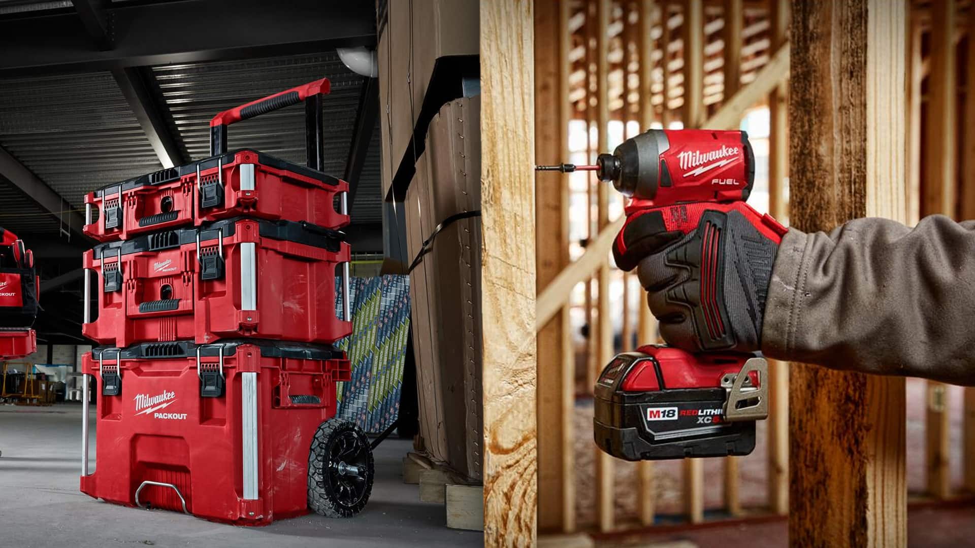 hero milwaukee tool set at a construction environment drilling