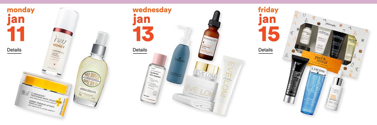 Ulta Beauty products on a white background and dates of sale