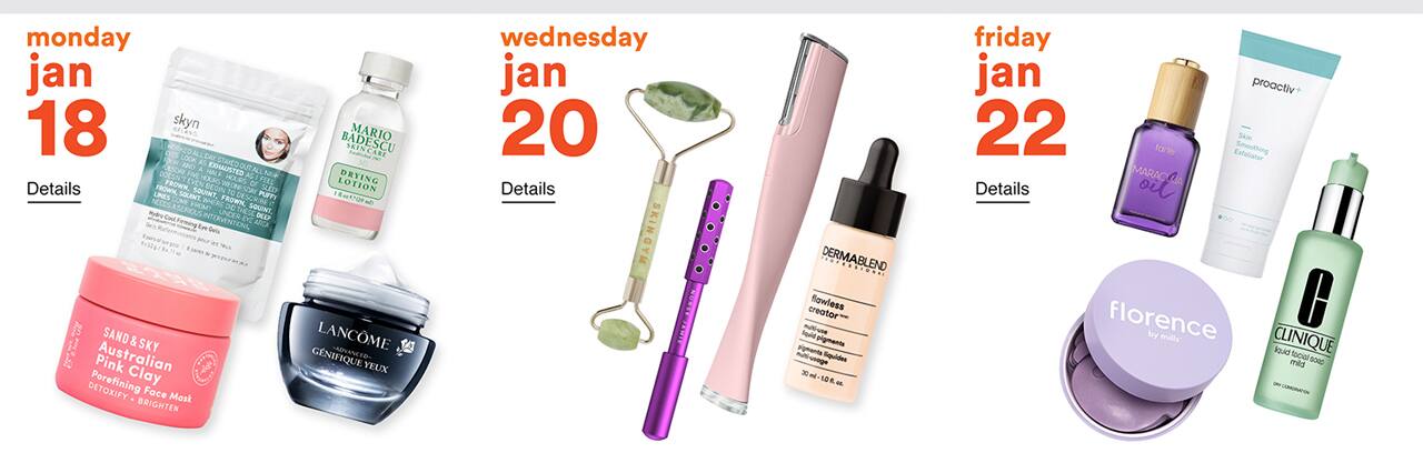Ulta Beauty products on a white background and dates of sale
