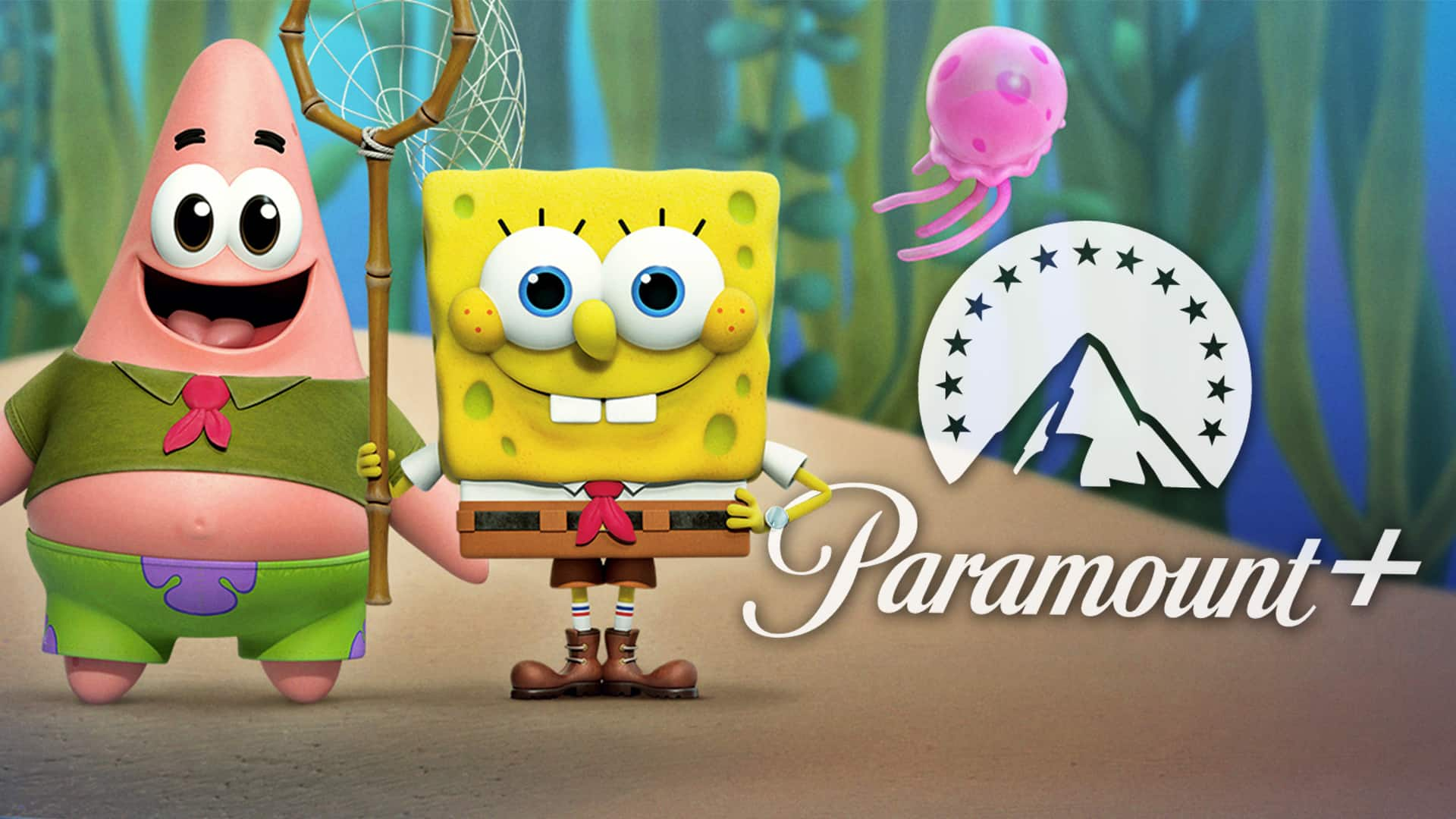 spongbob with paramount+ logo