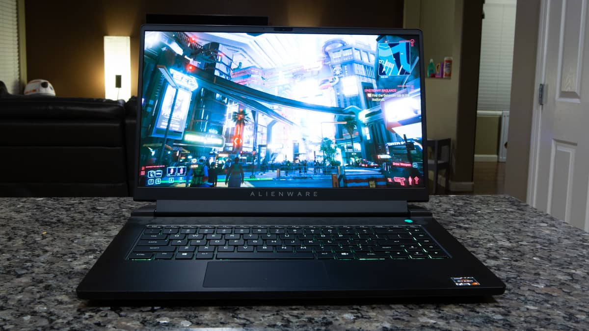 Alienware m15 Ryzen gaming laptop running Cyberpunk 2077