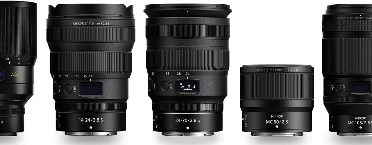 various nikon nikkor z mirrorless lenses on white background