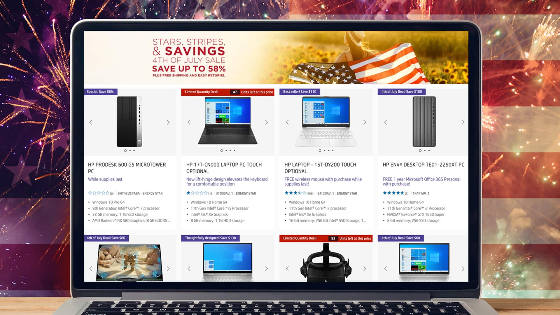 hero hp july 4th sale 2021 slickdeals website on macbook background with flag and fireworks