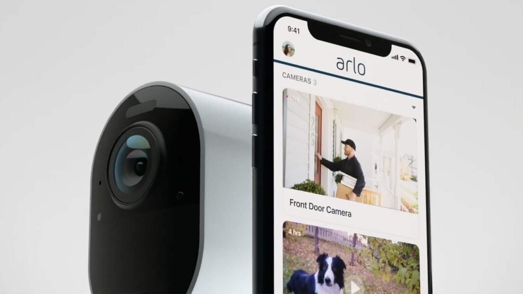 arlo ultra 2 camera for outside your home product shot on white background with phone app