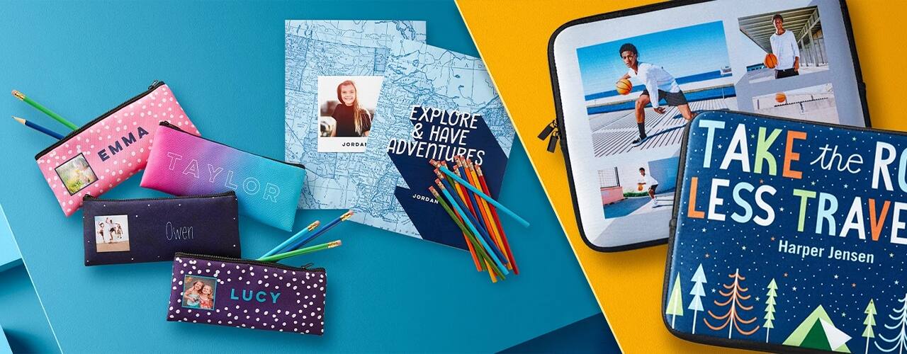 shutterfly back to school sale products on yellow and blue backgrounds