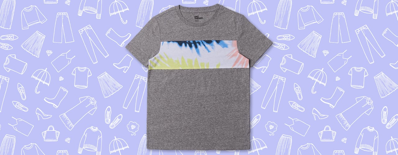 Big Boys Short Sleeve Colorblock Tee on colorful background with hand drawn clothing and shoes icons