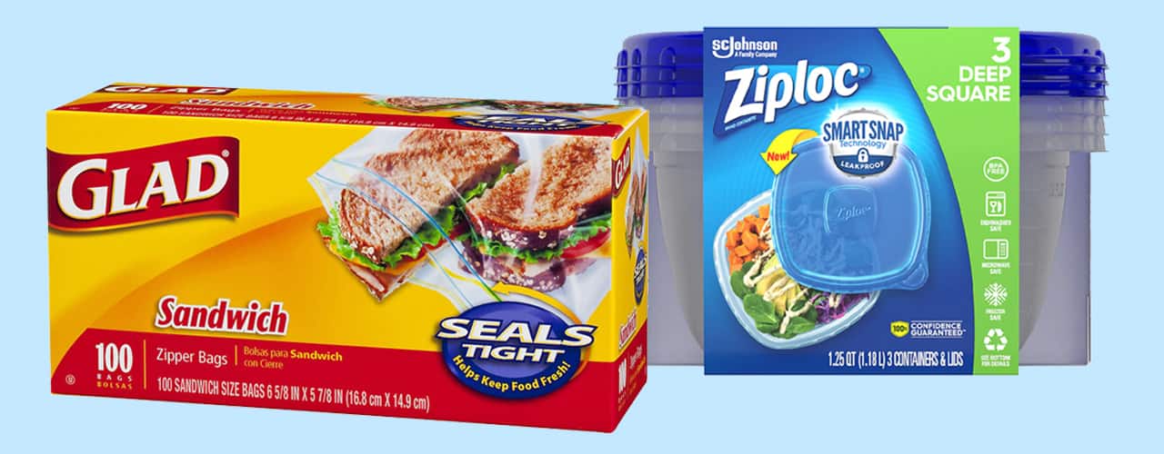 ziploc and glad bags bts products on blue background