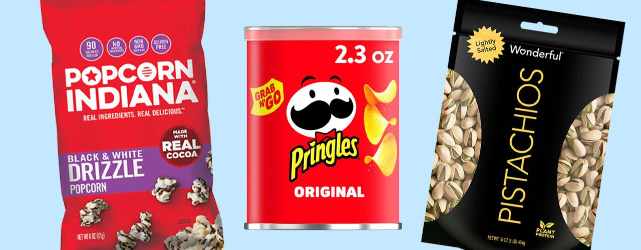various snacks from walgreens on blue background