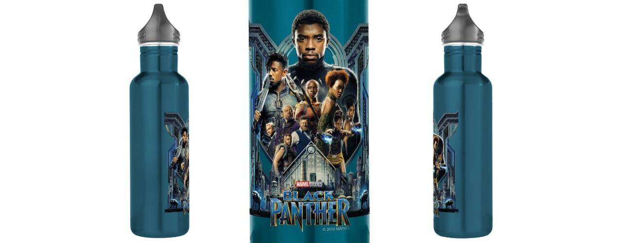 Black Panther Characters Over Wakanda Water Bottle on white background