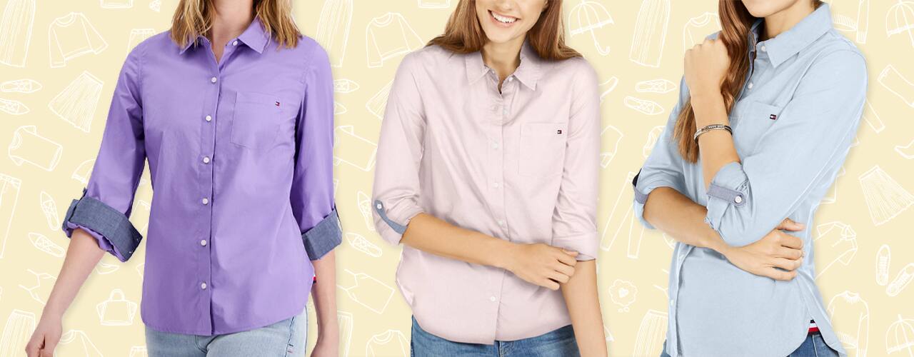 Roll-Tab Button-Up Shirt on colorful background with hand drawn clothing and shoes icons
