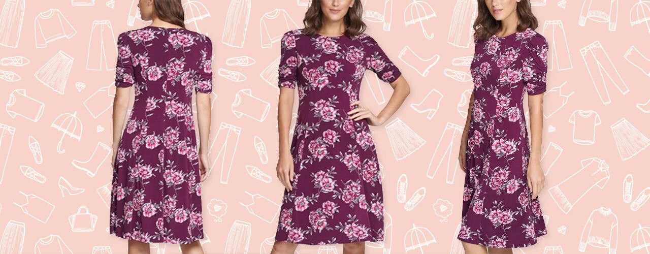 Floral-Print Jersey Dress on colorful background with hand drawn clothing and shoes icons