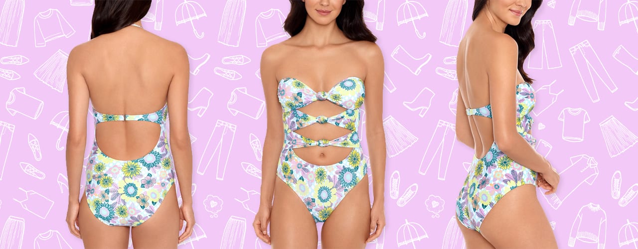 Full Bloom Printed Knot-Front One-Piece Swimsuit on colorful background with hand drawn clothing and shoes icons