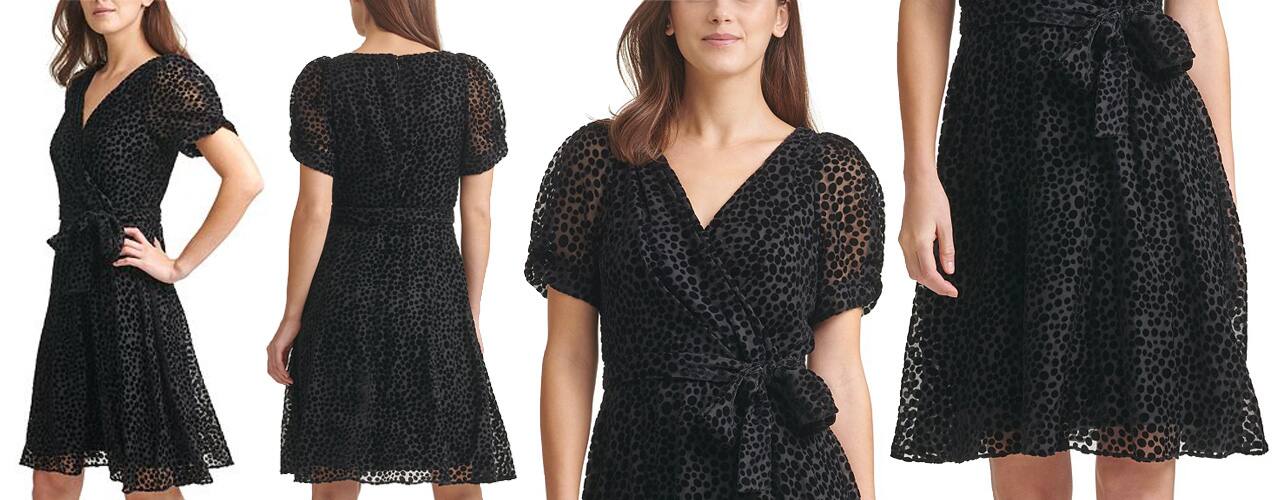 Women's DKNY Velvet Puff-Sleeve Wrap-Style Black Dress
