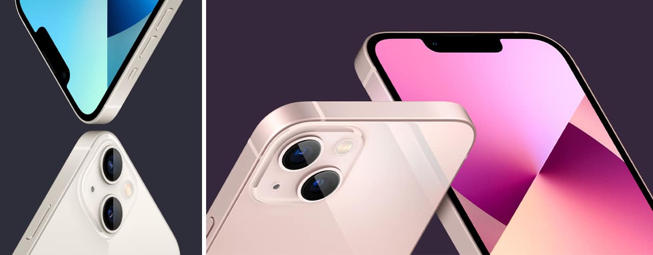 apple iphone 13 in rose gold and white on purple backgrounds