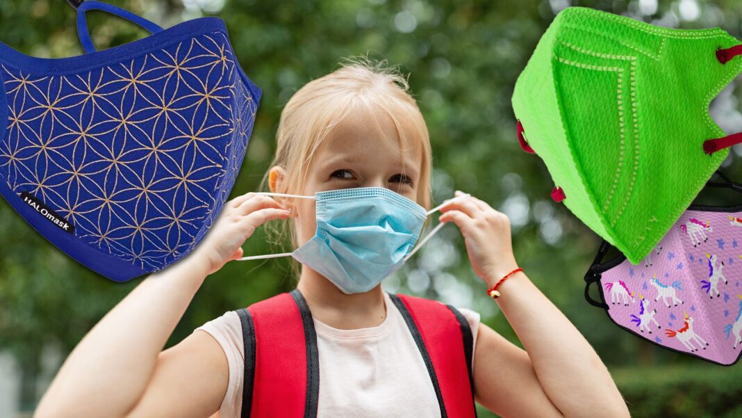 girl wearing mask surrounded by masks