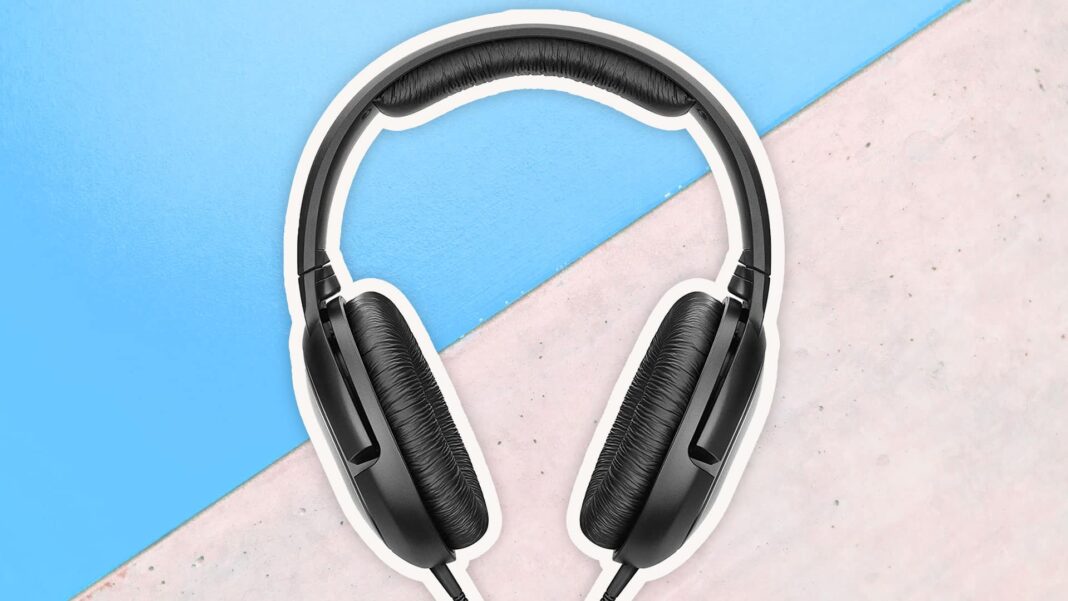Sennheiser HD 206 headphones on blue and gray background