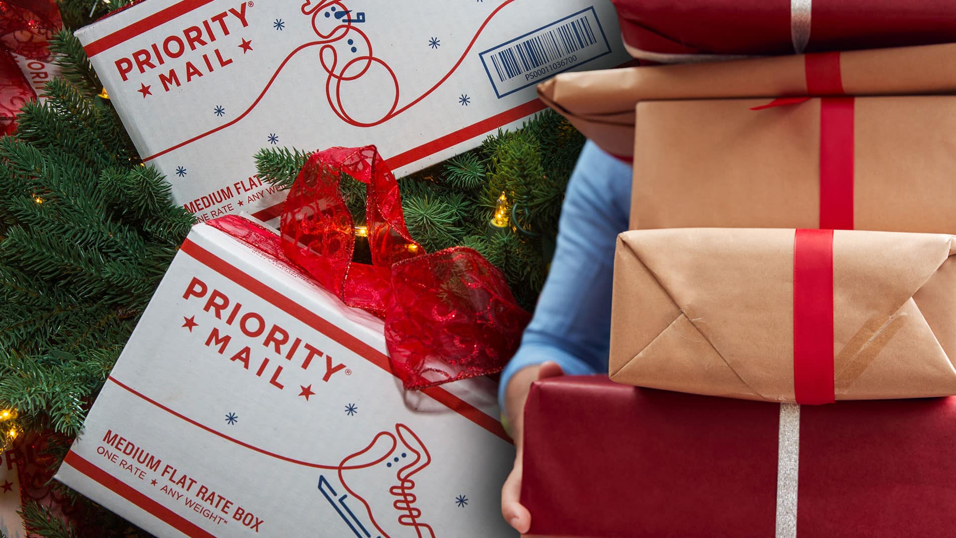 Priority Mail boxes by christmas tree and person holding holiday packages
