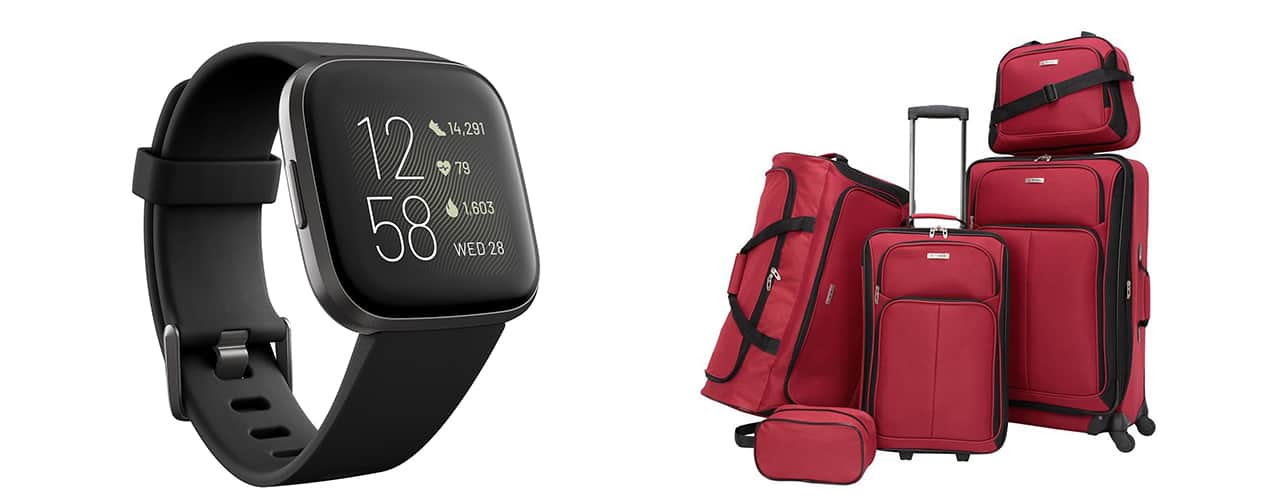 Fitbit Versa 2 Black Elastomer Strap Touchscreen Smart Watch and Tag Ridgefield 5 Pc. Softside Luggage Set