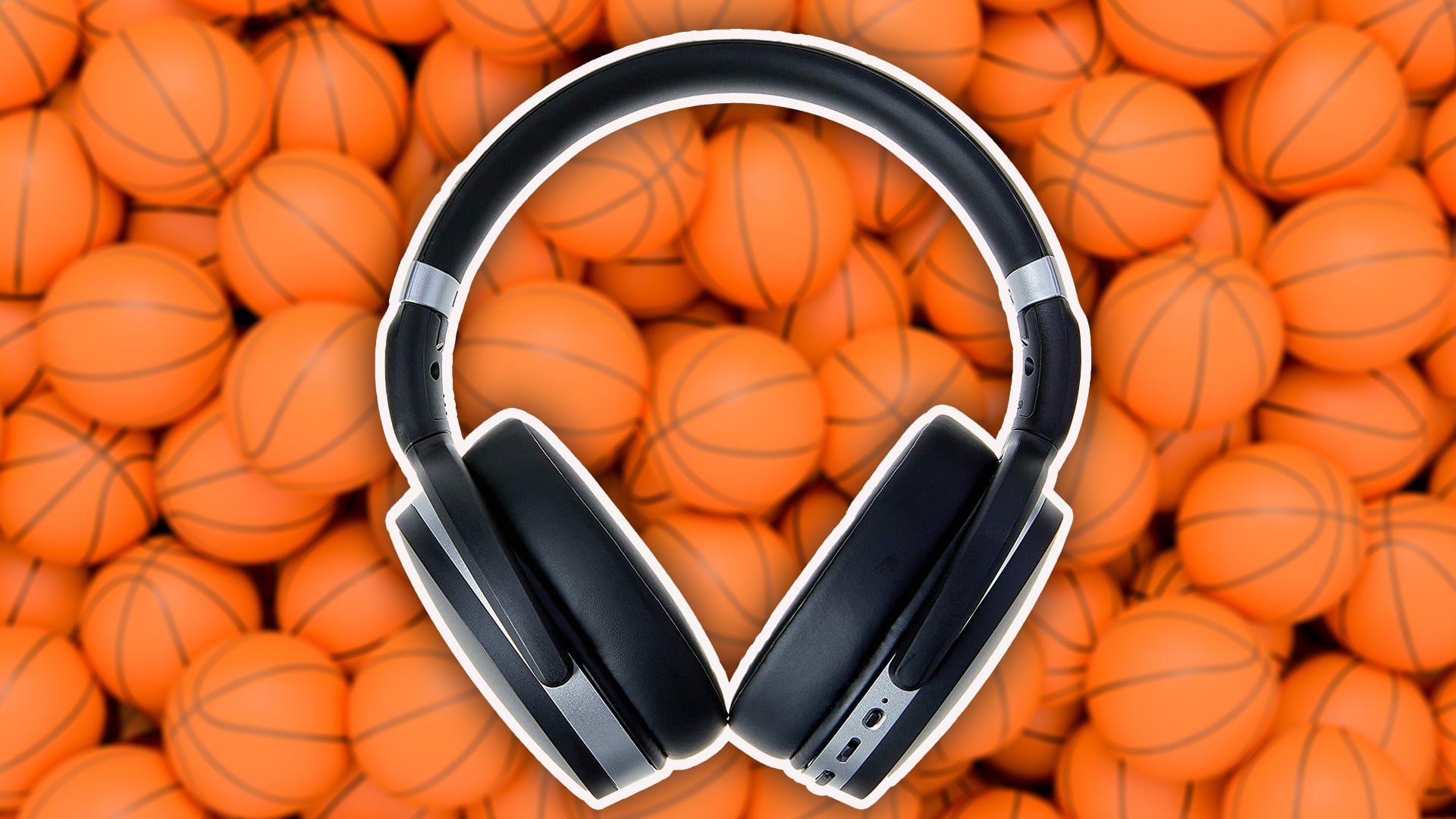 headphones on basketball background
