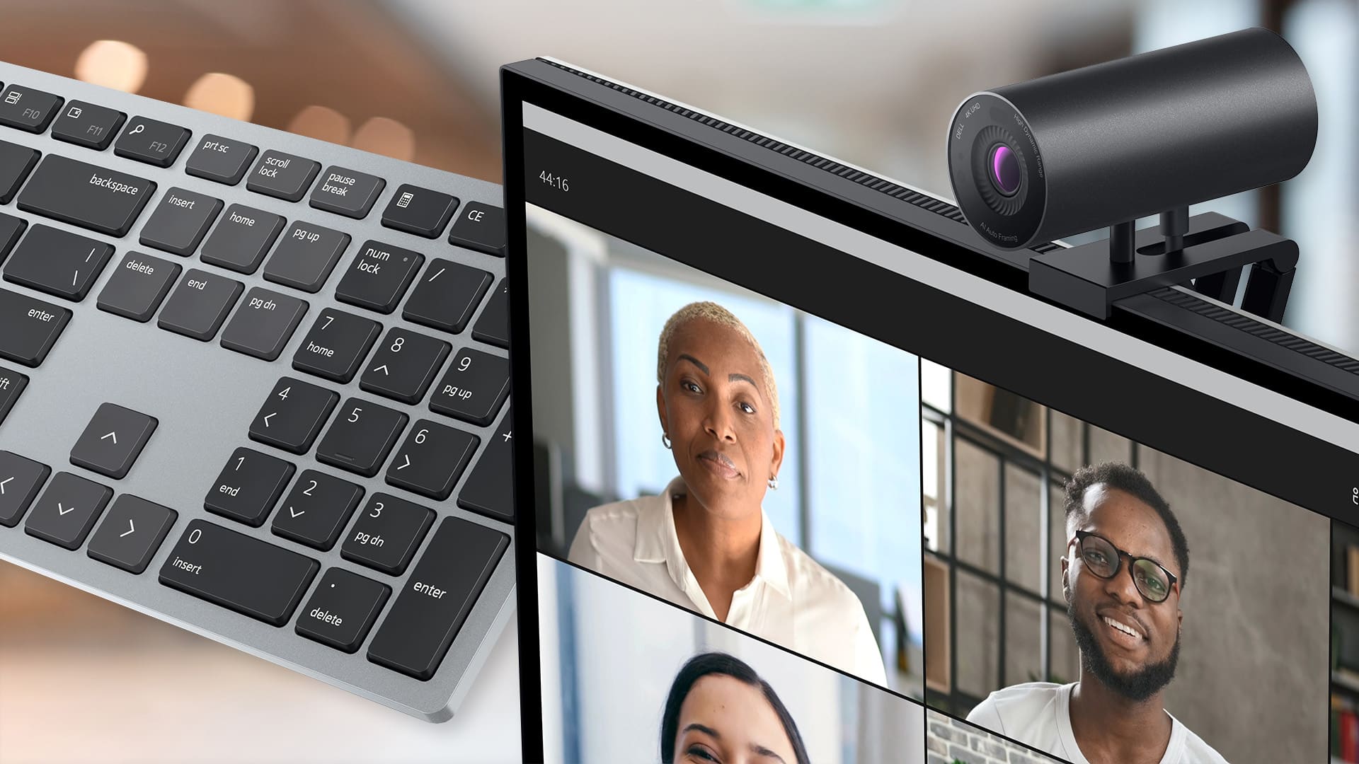 keyboard and webcam with zoom on screen on orange and blue background dell slickdeals