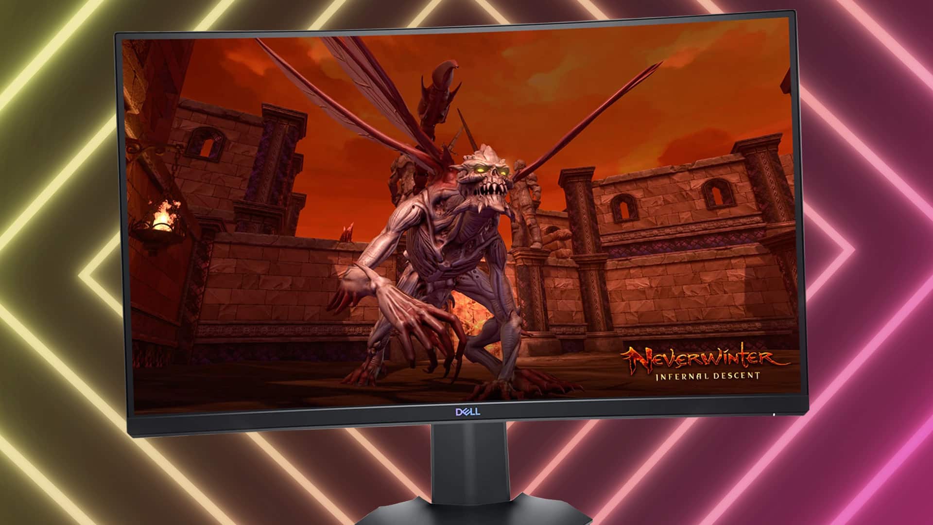 Dell 27 Curved Gaming Monitor – S2721HGF on colorful background