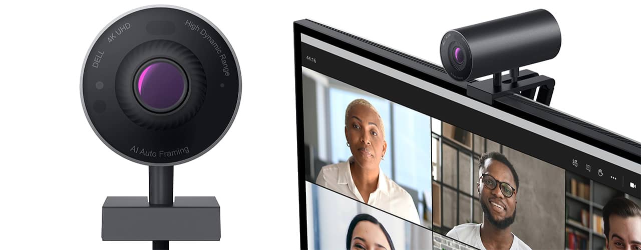 Dell UltraSharp Webcam on white background with monitor of zoom meetings