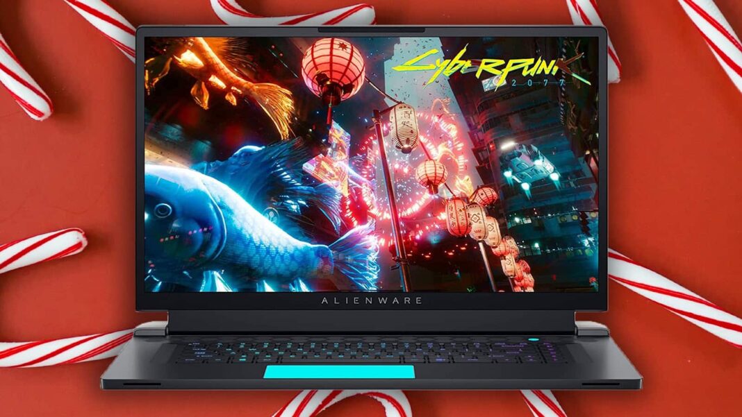 hero alienware cyberpunk on candy cane red background