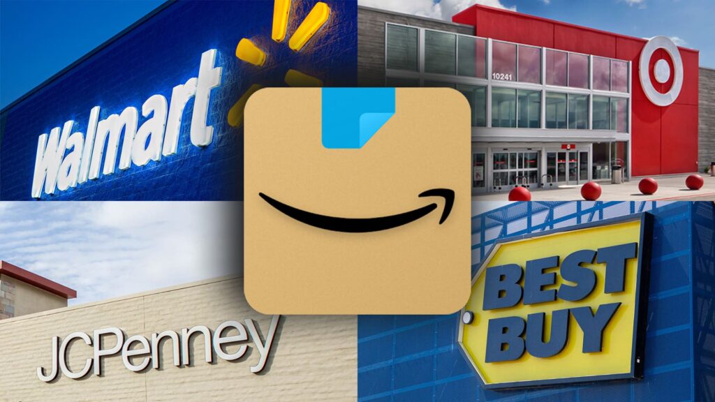 walmart, target, jcpenney and best buy storefronts with amazon app icon