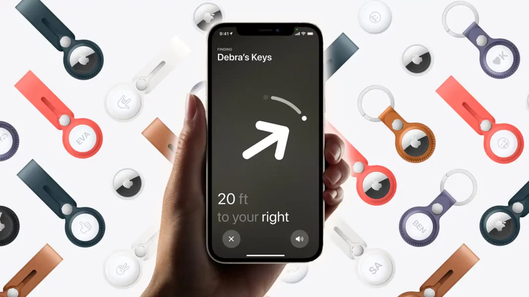 phone with arrow pointing in direction of lost keys over a pattern or airtags