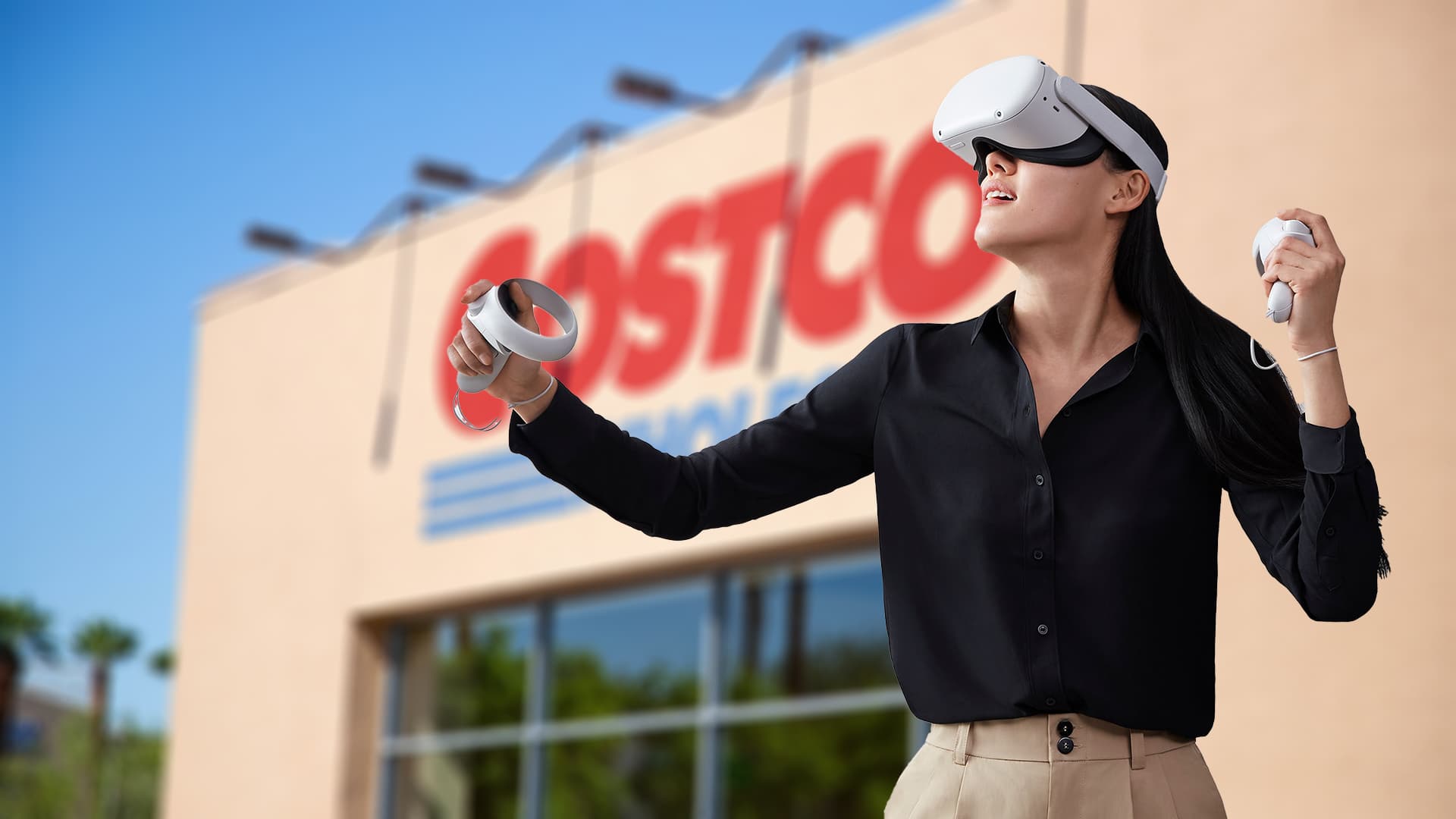 woman using Oculus quest 2 in front of costco