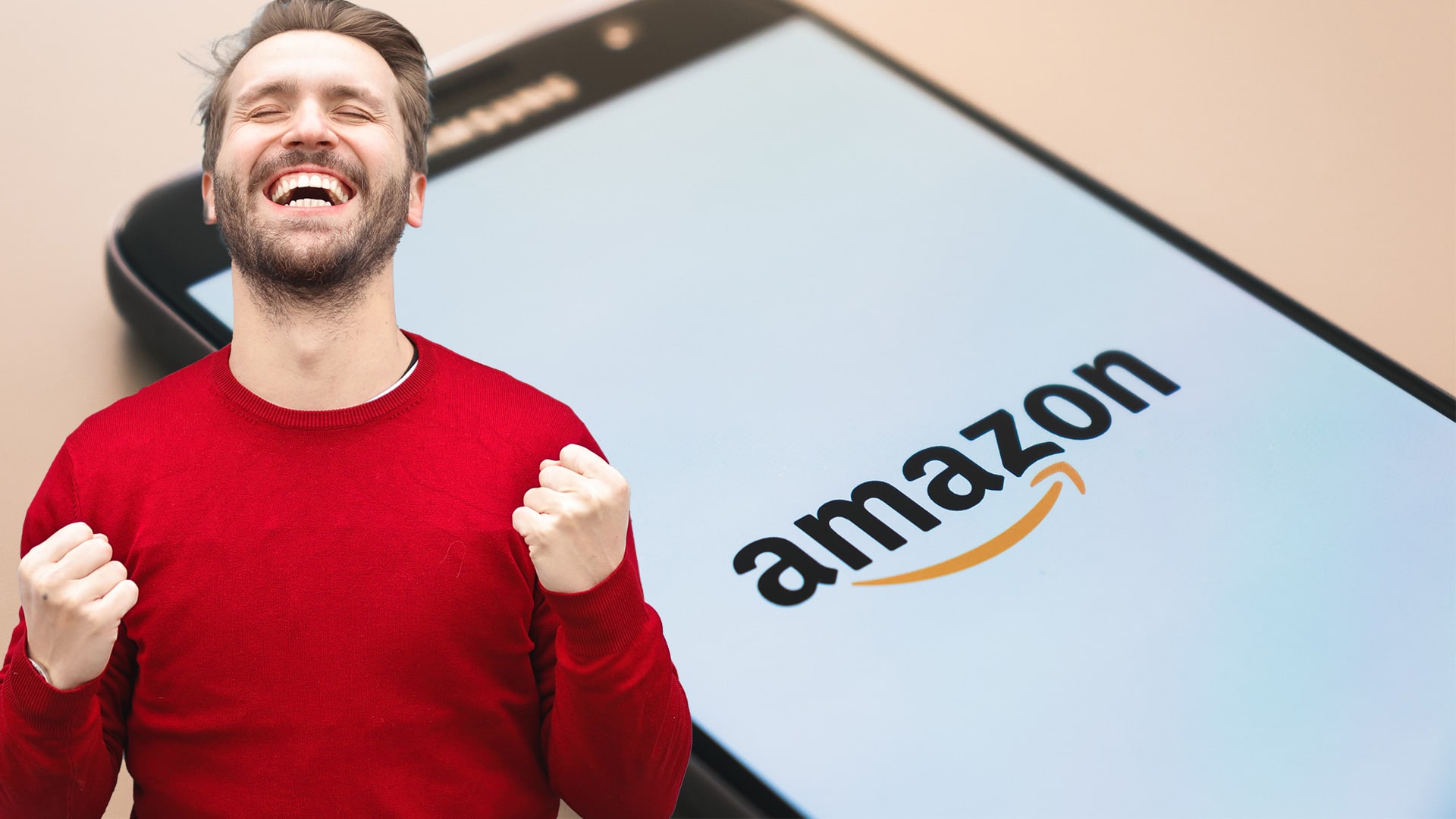 excited man and amazon on phone