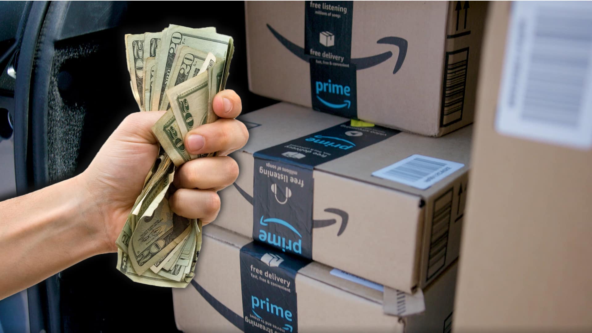 hand holding cash with amazon boxes