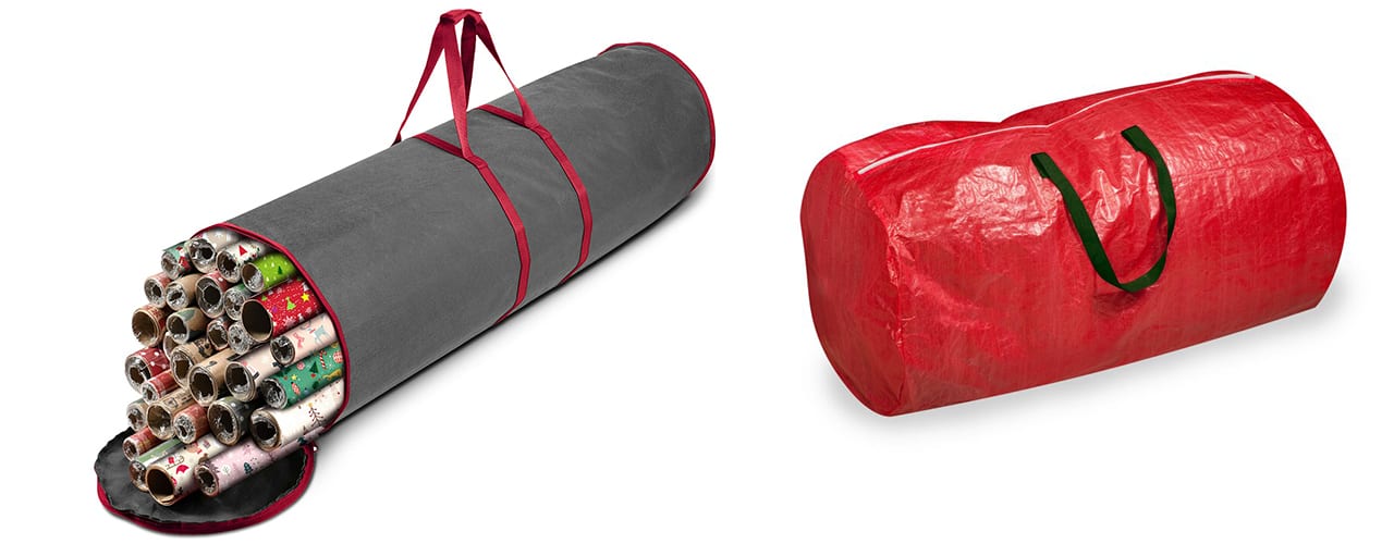 wrapping paper storage and red storage bag