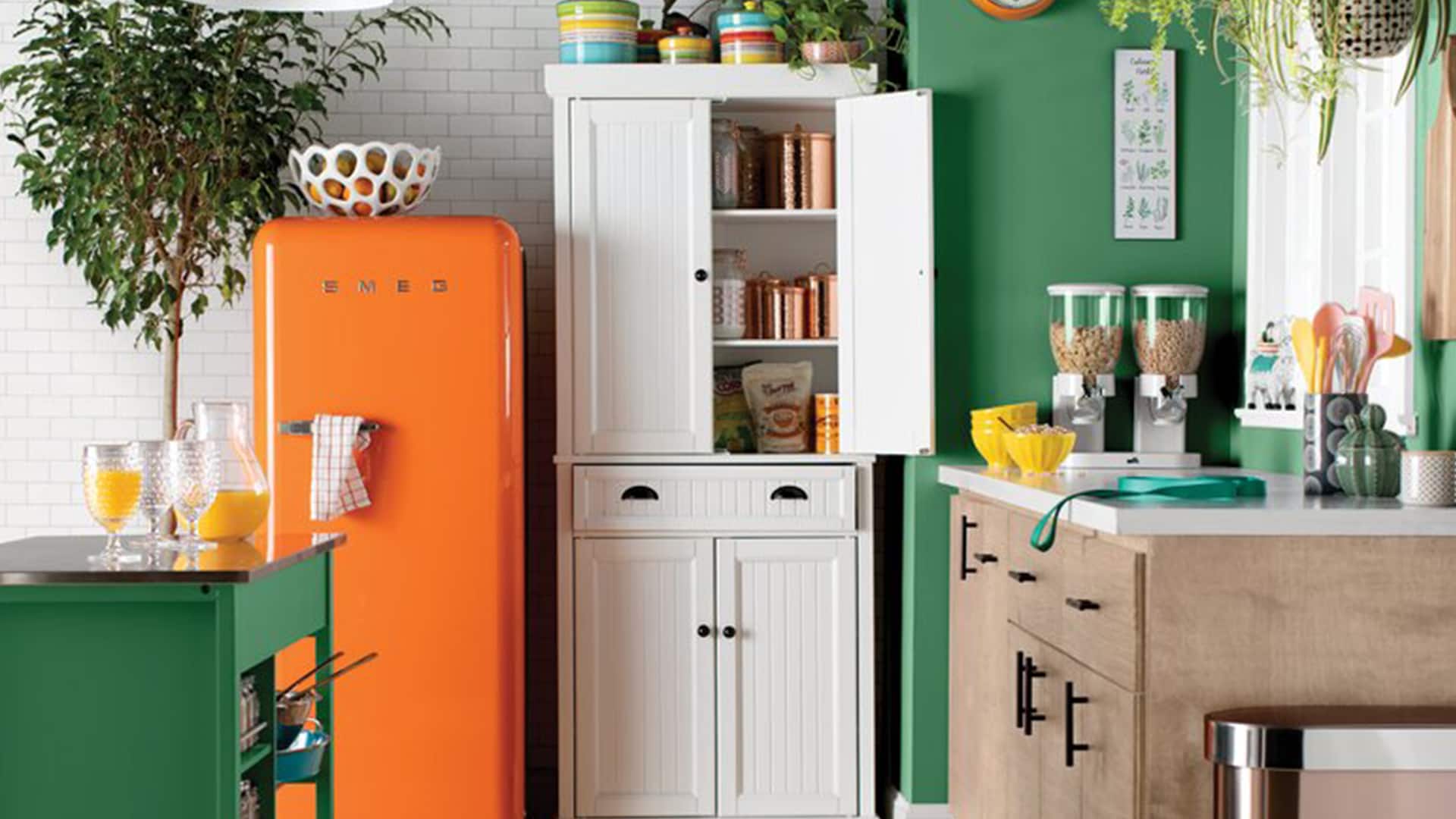 green and orange kitchen with double cereal dispenser
