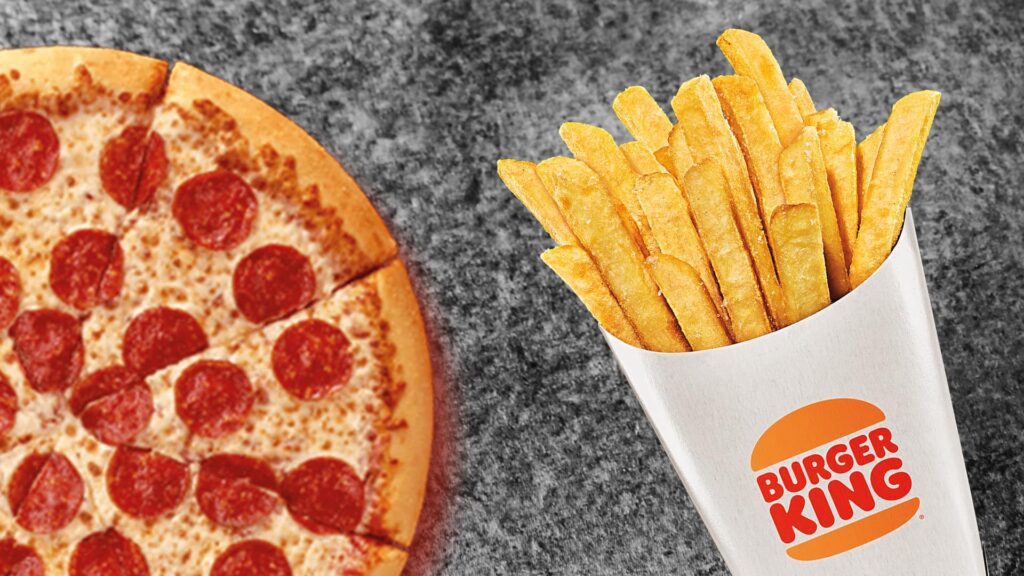 Little Caesars pizza and burger king fries