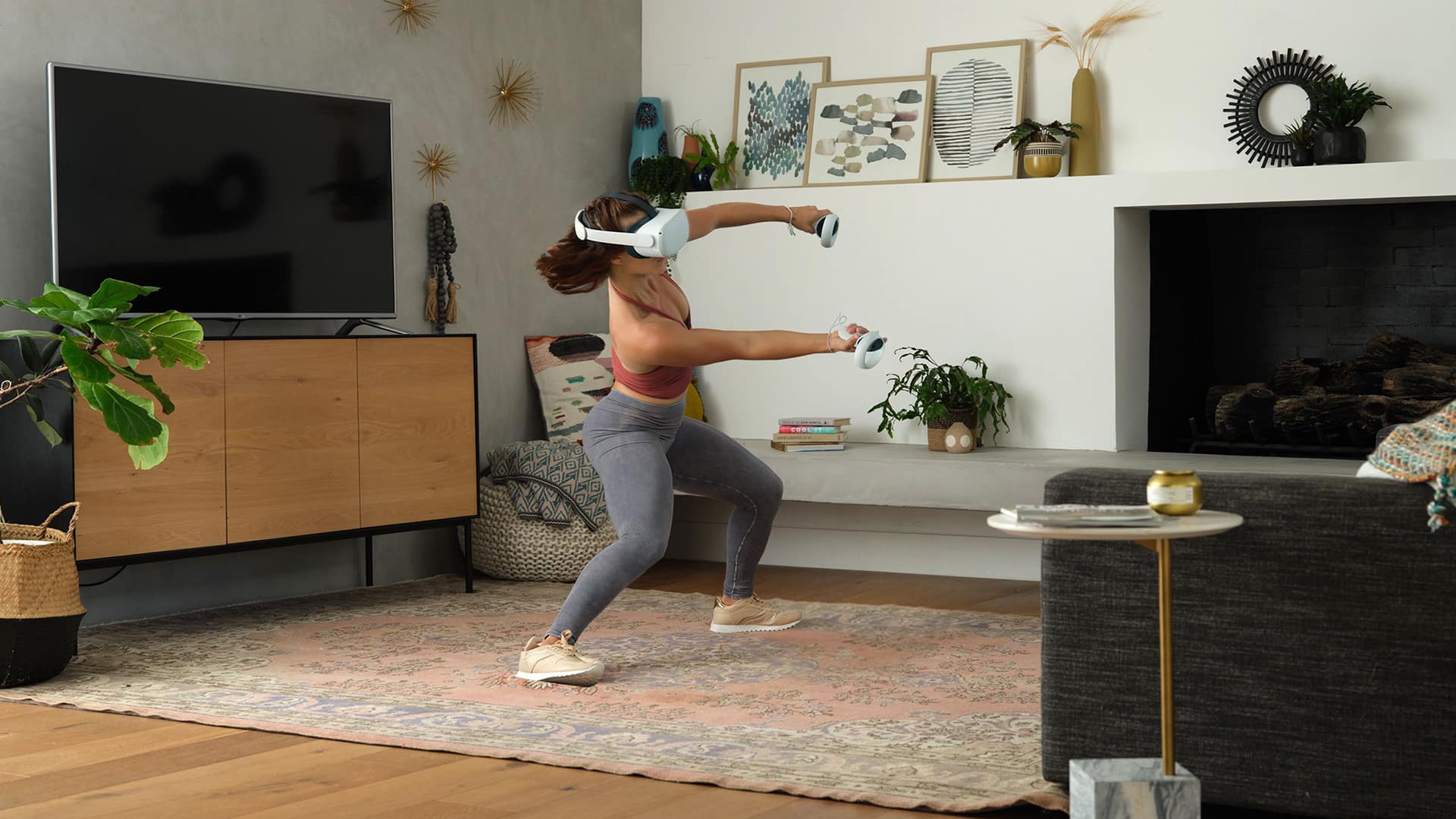 woman VR exercising at home