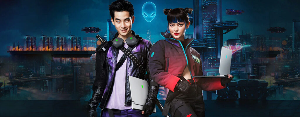 Guy and Girl Fantasy Gaming Alien World holding laptops
