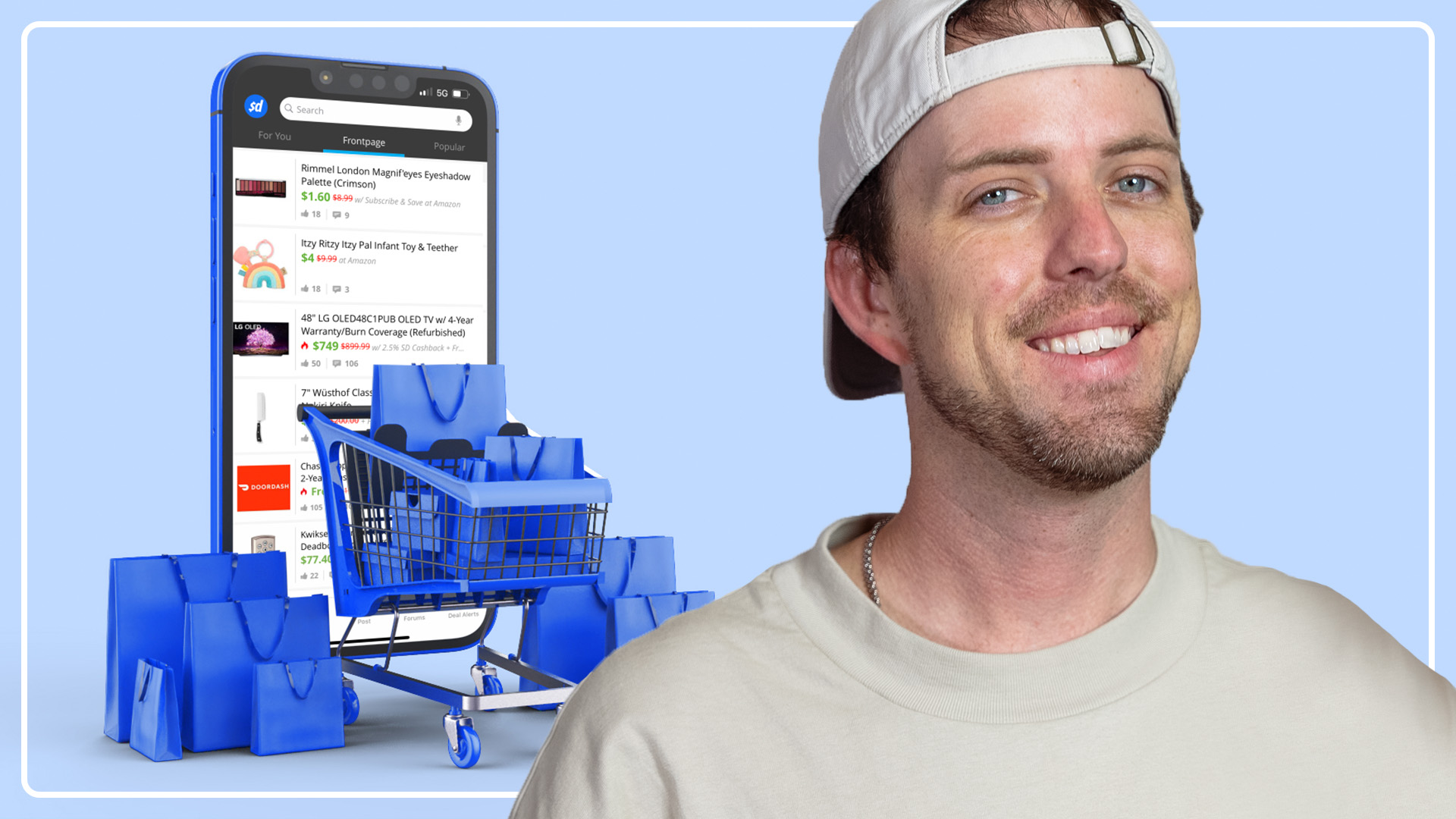 man smiling for camera with smartphone , cart and bags on blue background behind him