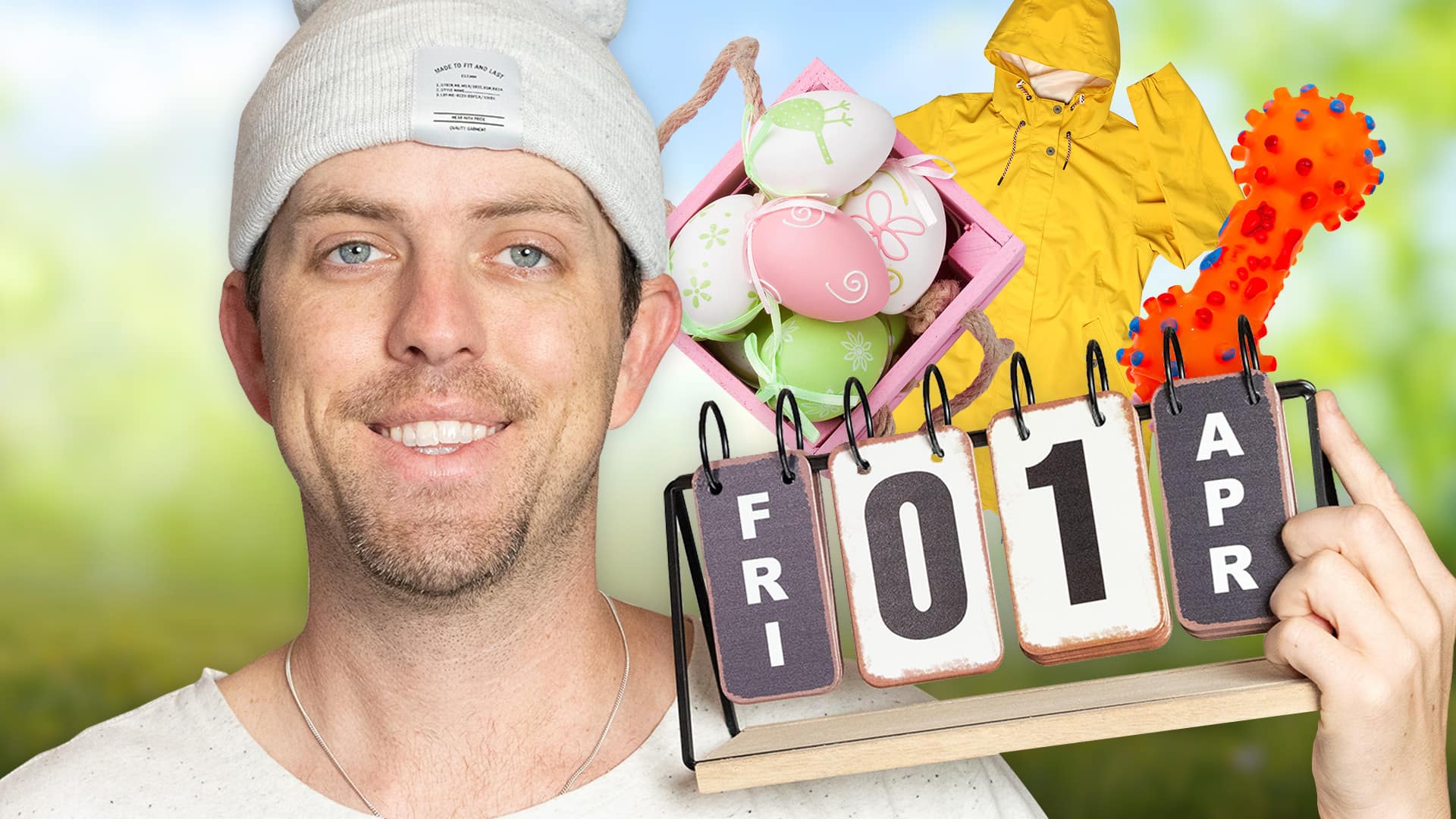 hero slickdeals man standing in front of green background holding calendar that shows april 1st on it