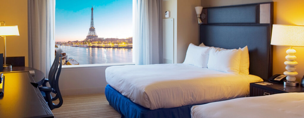 Hotel room in Paris looking out at Eifel Tower