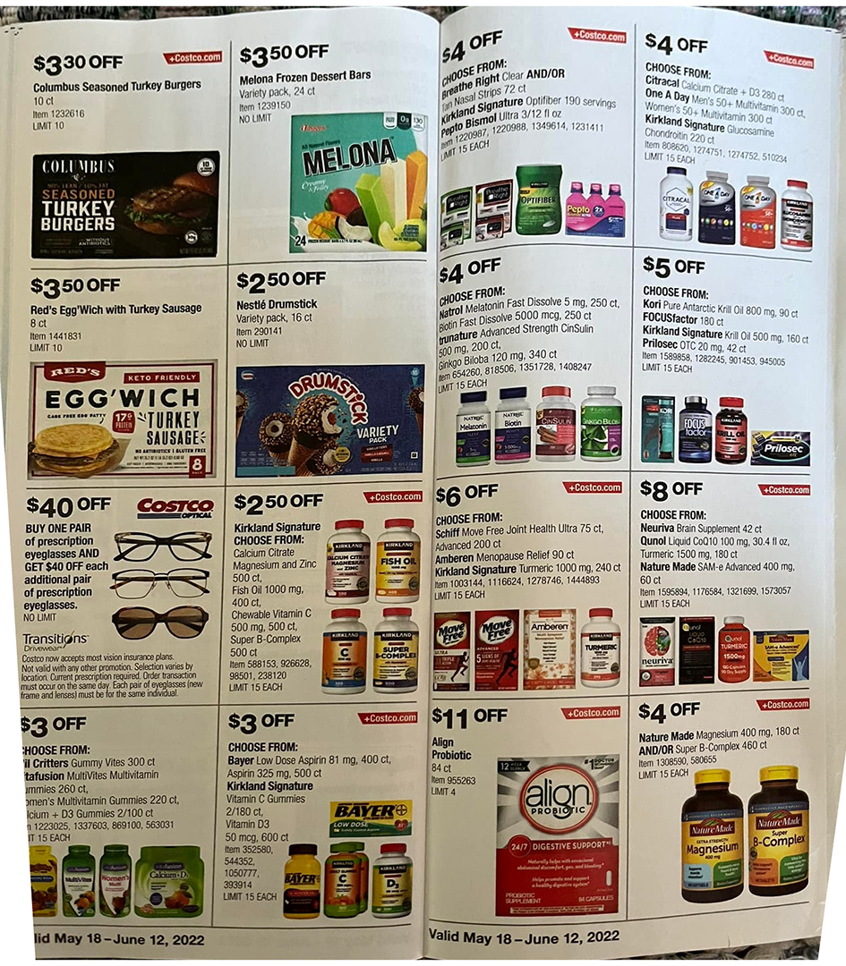 Scan of the May/June edition of the Costco Coupon Book 2022