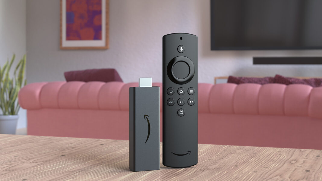 Fire TV stick and remote on a table.
