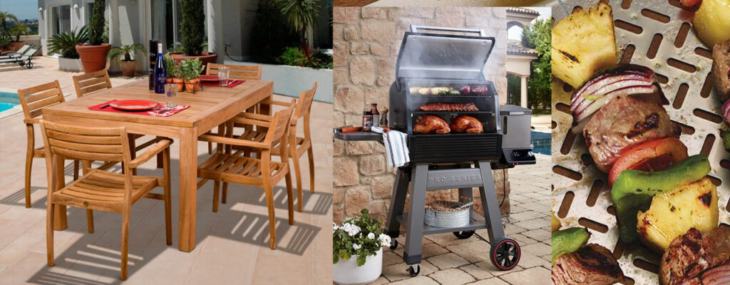 Patio table, bbq grill, bbq collage