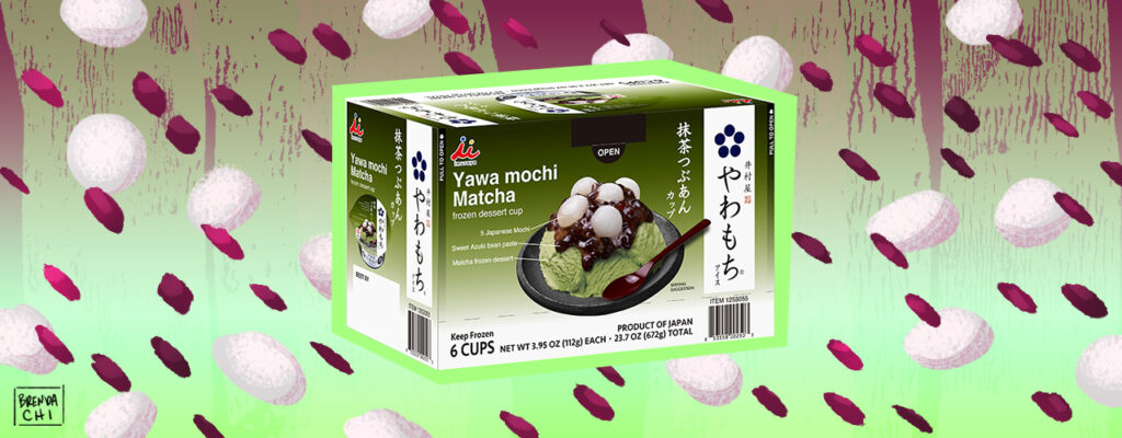 Dessert mochi over illustration of mochi and red bean