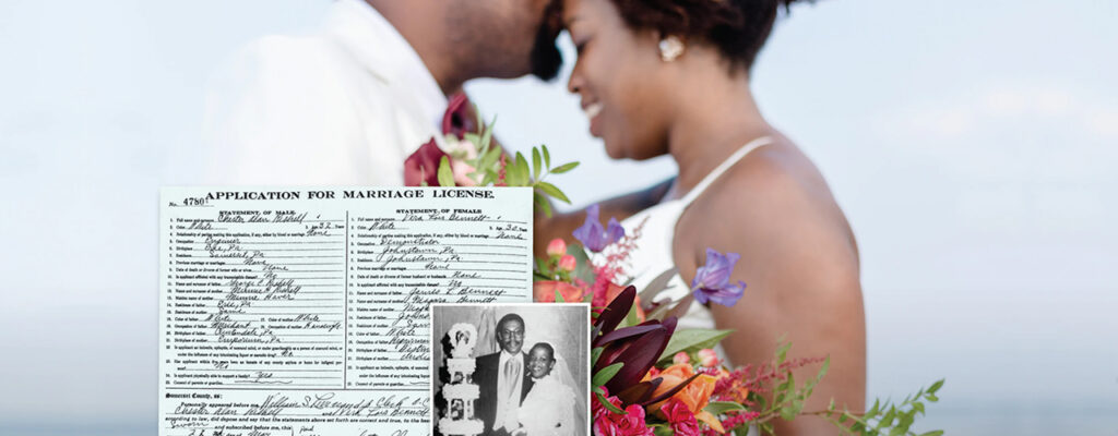 African American couples at their wedding with marriage license